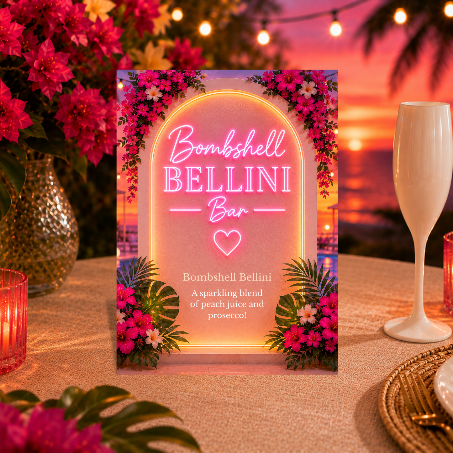 Bombshell Bellini Bar Sign Template | Editable Peach Bellini Cocktail Sign | Tropical Drink Station Decor | Canva Template | Instant Download
