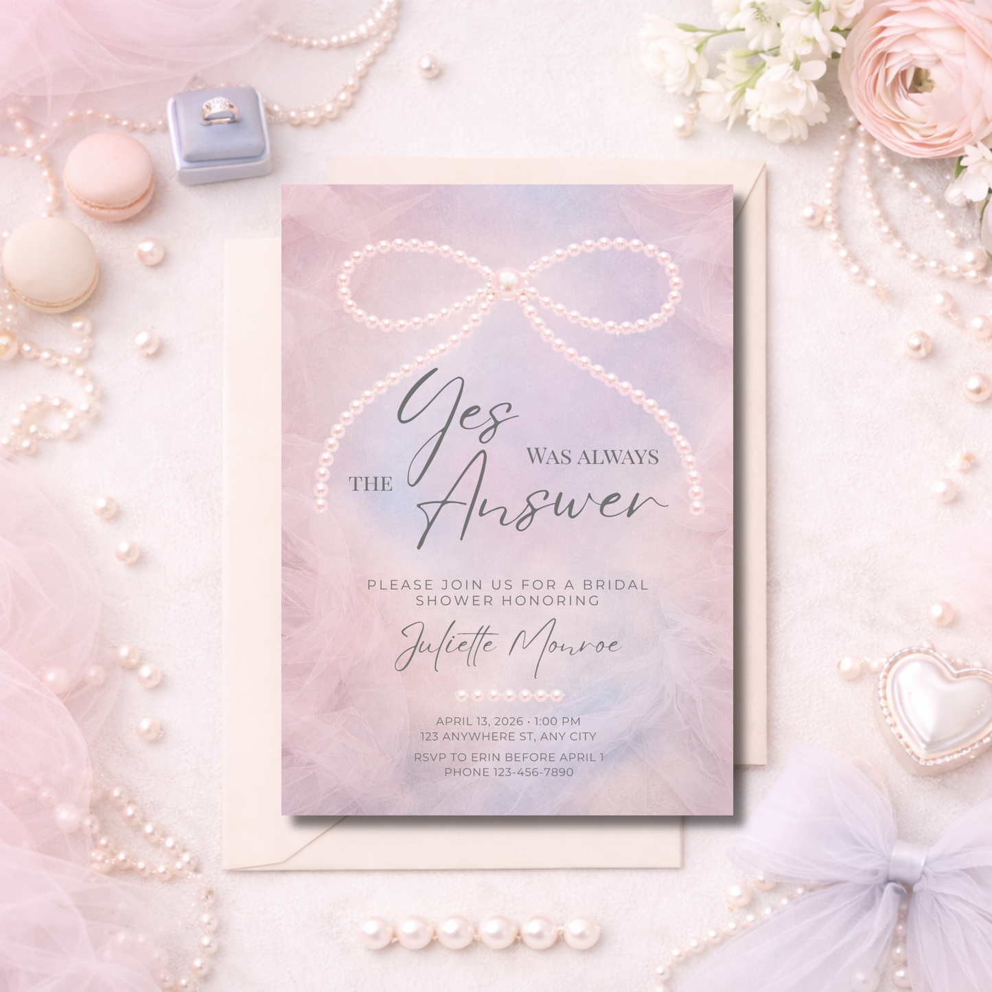 Yes Was Always the Answer Digital Invitation | Pearl Bow Bridal Shower Invitation | Editable Canva Template