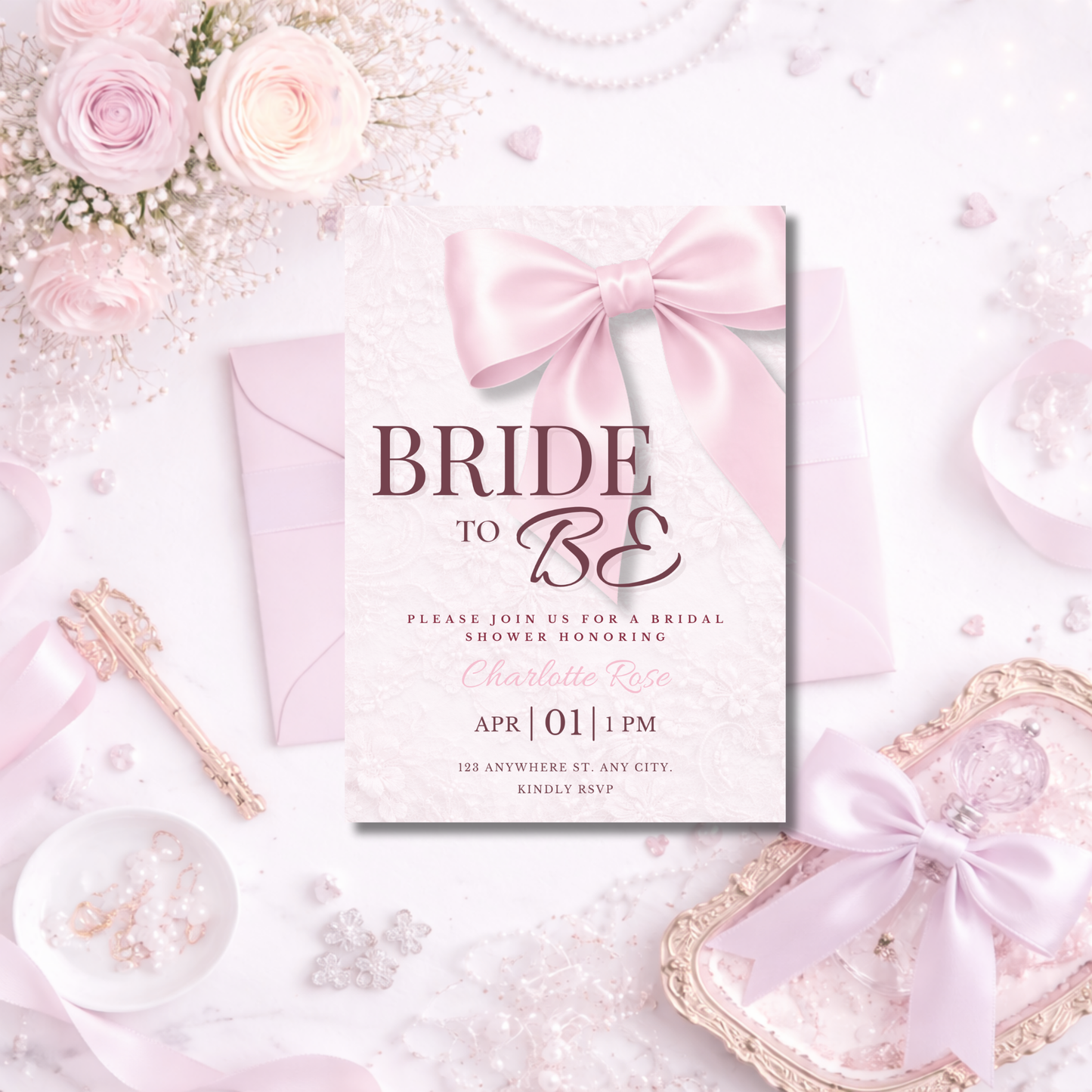 Bride to Be Coquette Pink Bow Bridal Shower Invitation | Editable Canva Template