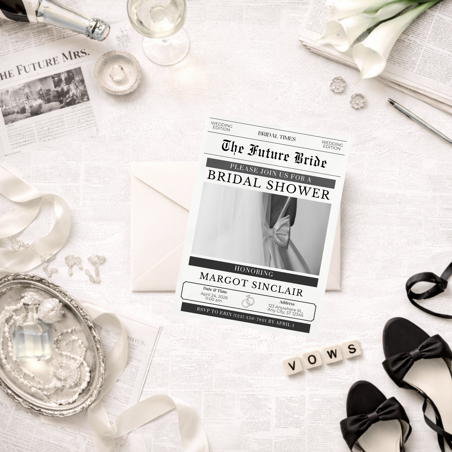 Editorial Bridal Shower Invitation | Newspaper Style | Editable Canva Template