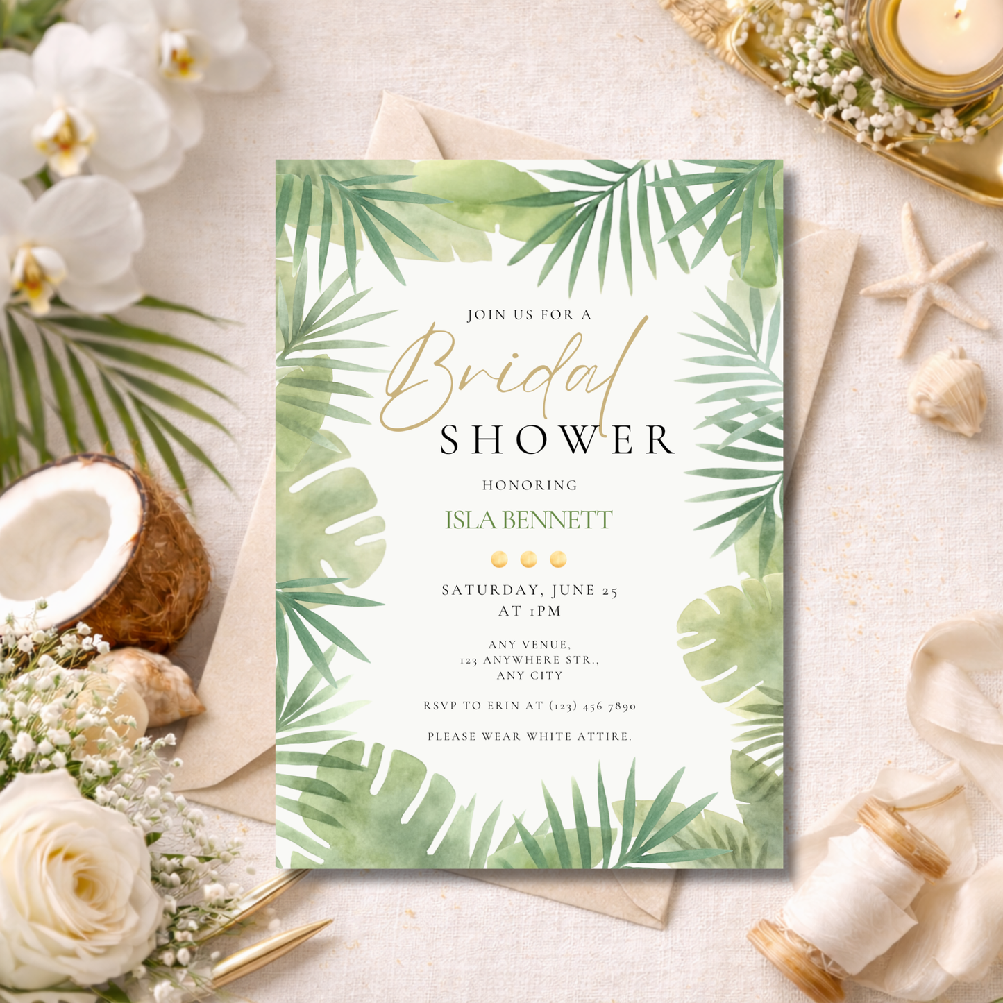 Tropical Bridal Shower Invitation | White Gold Greenery Invitation | Editable Canva Template