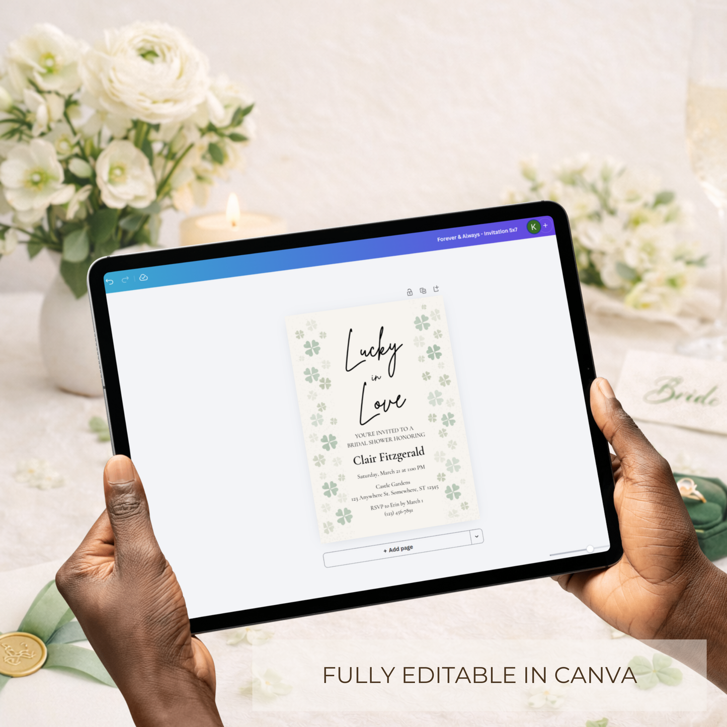 Elegant St. Patrick’s Day Bridal Shower Invite | Editable Canva Template