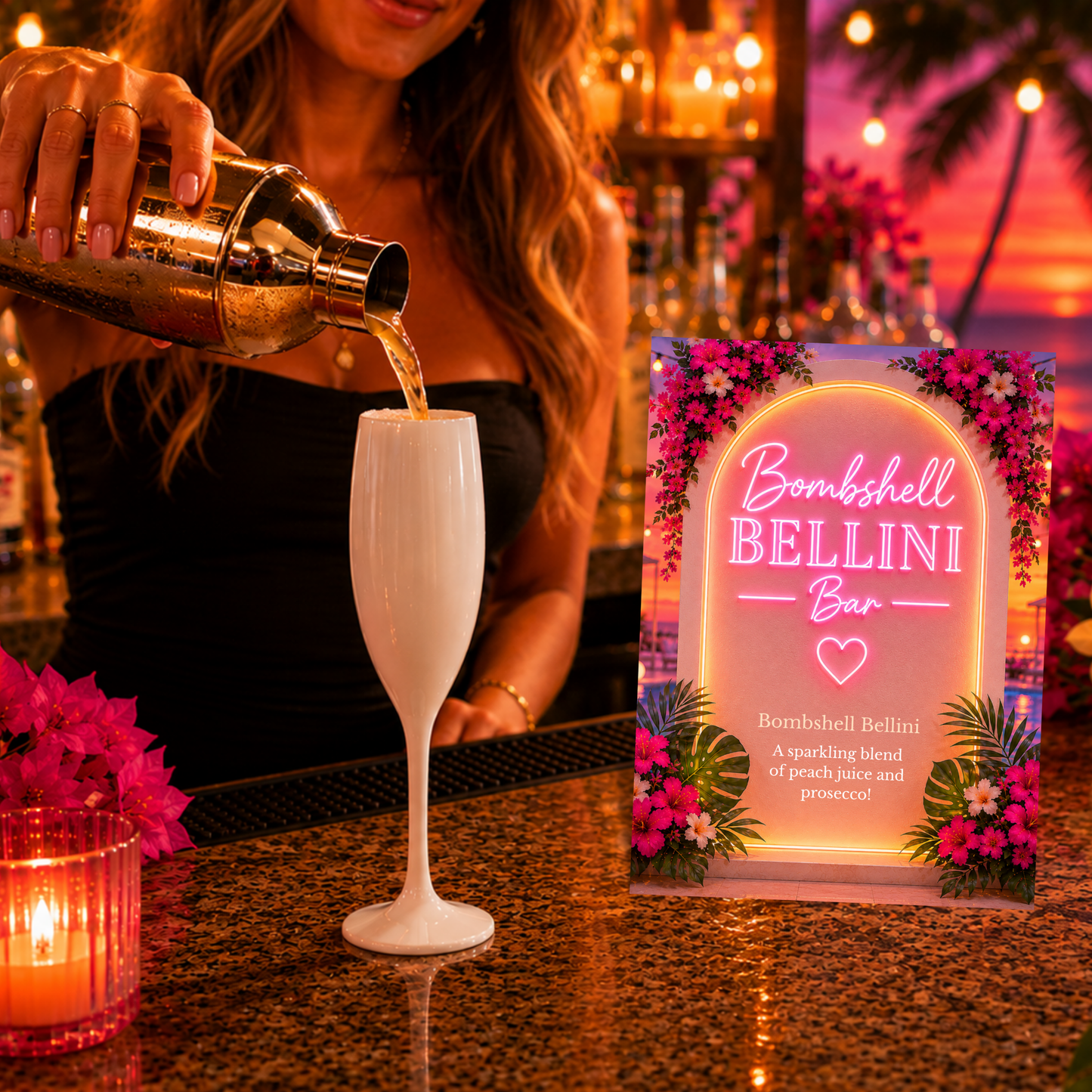 Bombshell Bellini Bar Sign Template | Editable Peach Bellini Cocktail Sign | Tropical Drink Station Decor | Canva Template | Instant Download