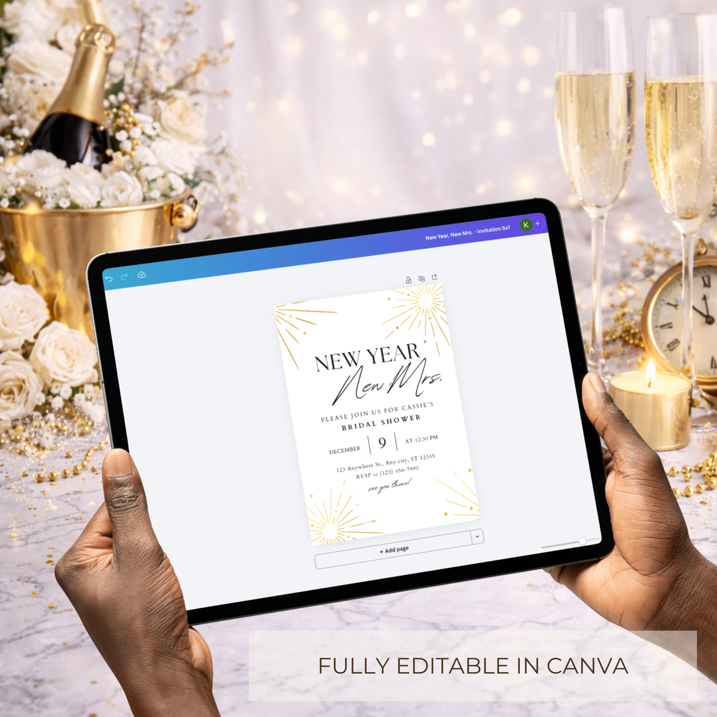New Year, New Mrs. Bridal Shower Invitation | Editable Canva Template | Black White Gold
