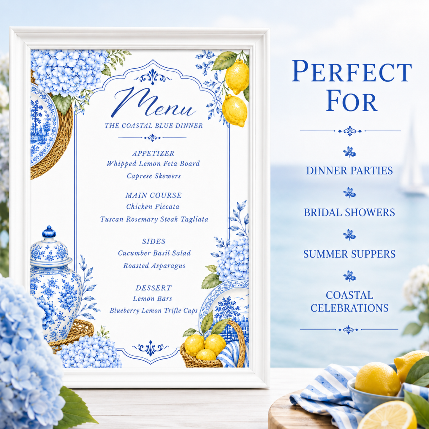 Coastal Blue Party Menu | Amalfi Inspired Blue and White Menu