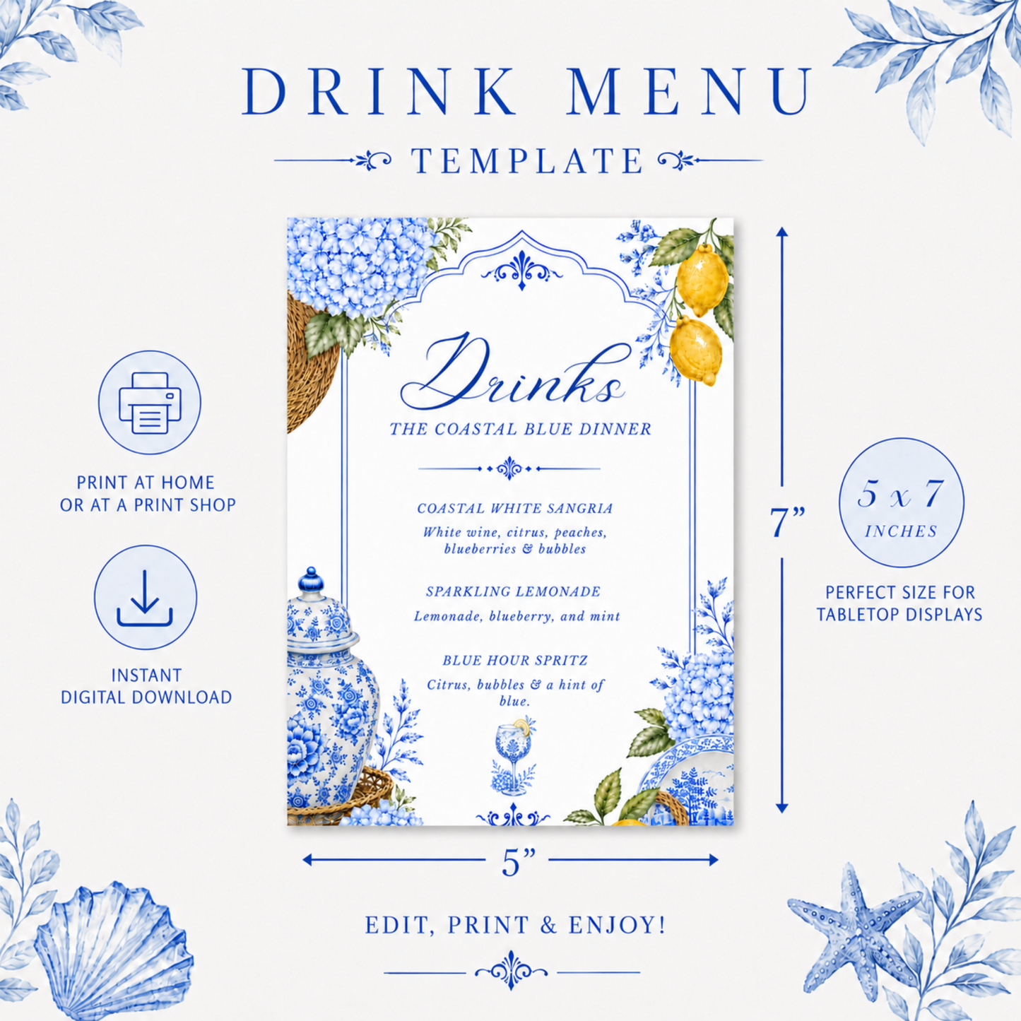 Coastal Blue Party Drink Menu | Amalfi Inspired Blue and White Drink Menu