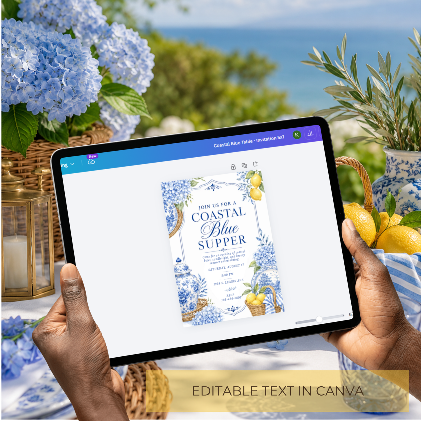 Coastal Blue Supper Invitation | Amalfi Inspired Blue and White Dinner Party Invite