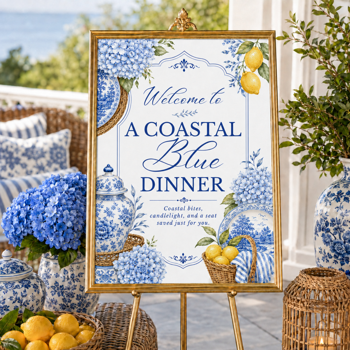 Coastal Blue Party Welcome Sign | Amalfi Inspired Blue and White Welcome Sign