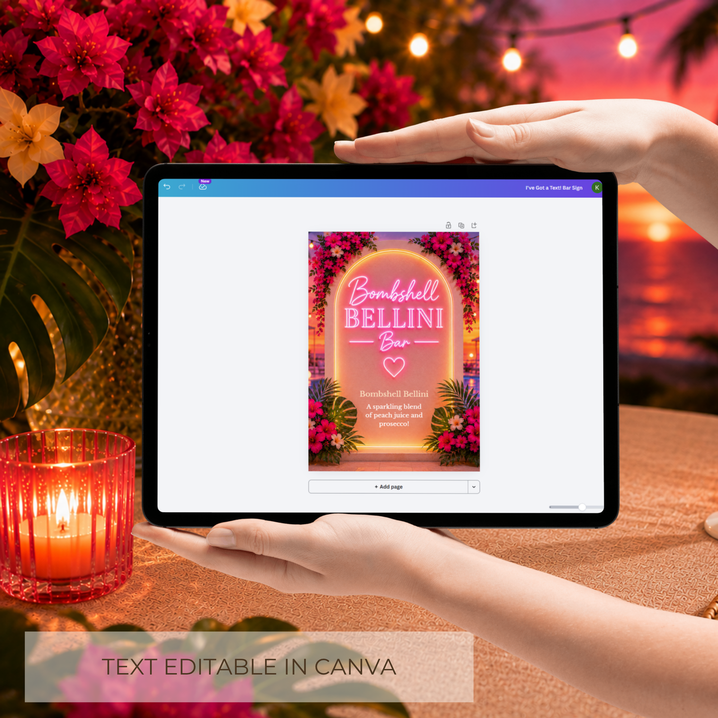 Bombshell Bellini Bar Sign Template | Editable Peach Bellini Cocktail Sign | Tropical Drink Station Decor | Canva Template | Instant Download