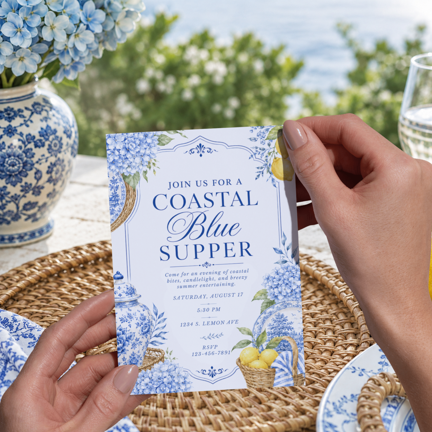 Coastal Blue Supper Invitation | Amalfi Inspired Blue and White Dinner Party Invite