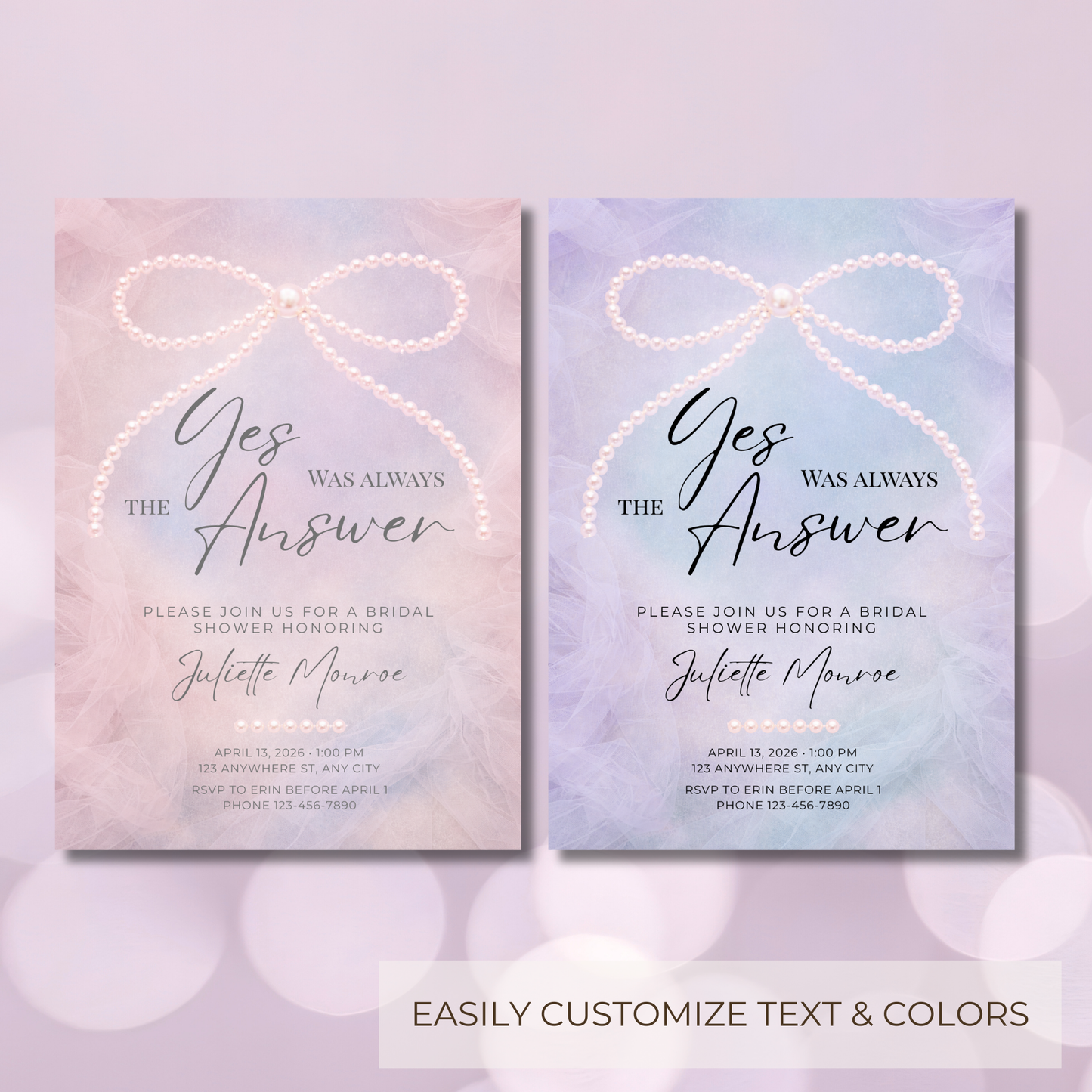 Yes Was Always the Answer Digital Invitation | Pearl Bow Bridal Shower Invitation | Editable Canva Template