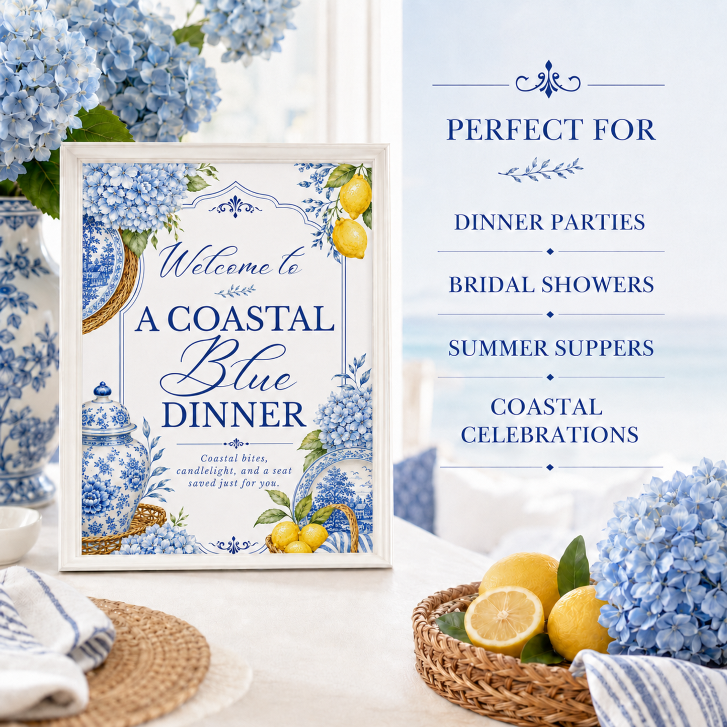 Coastal Blue Party Welcome Sign | Amalfi Inspired Blue and White Welcome Sign