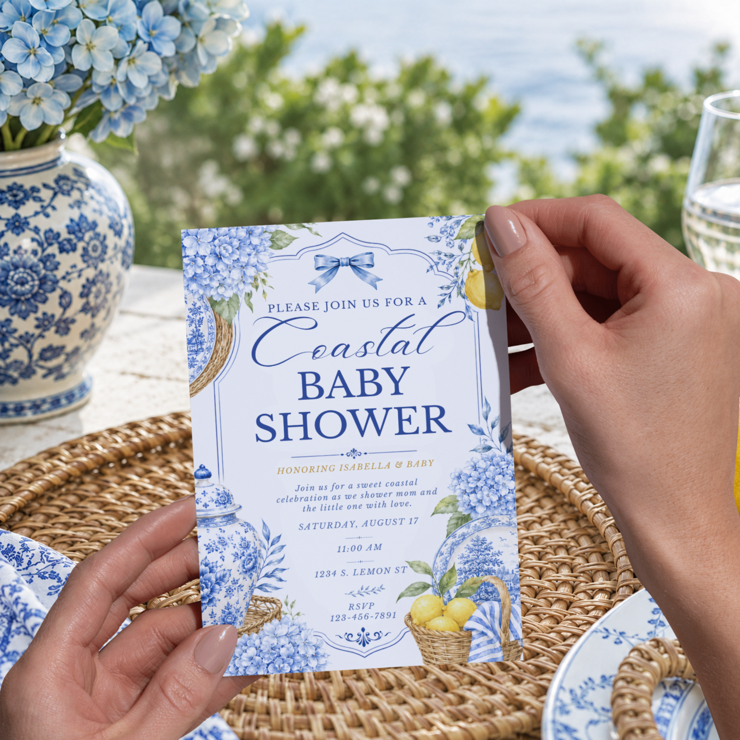 Coastal Blue Baby Shower Invitation Template | Amalfi Inspired Blue and White Baby Invite