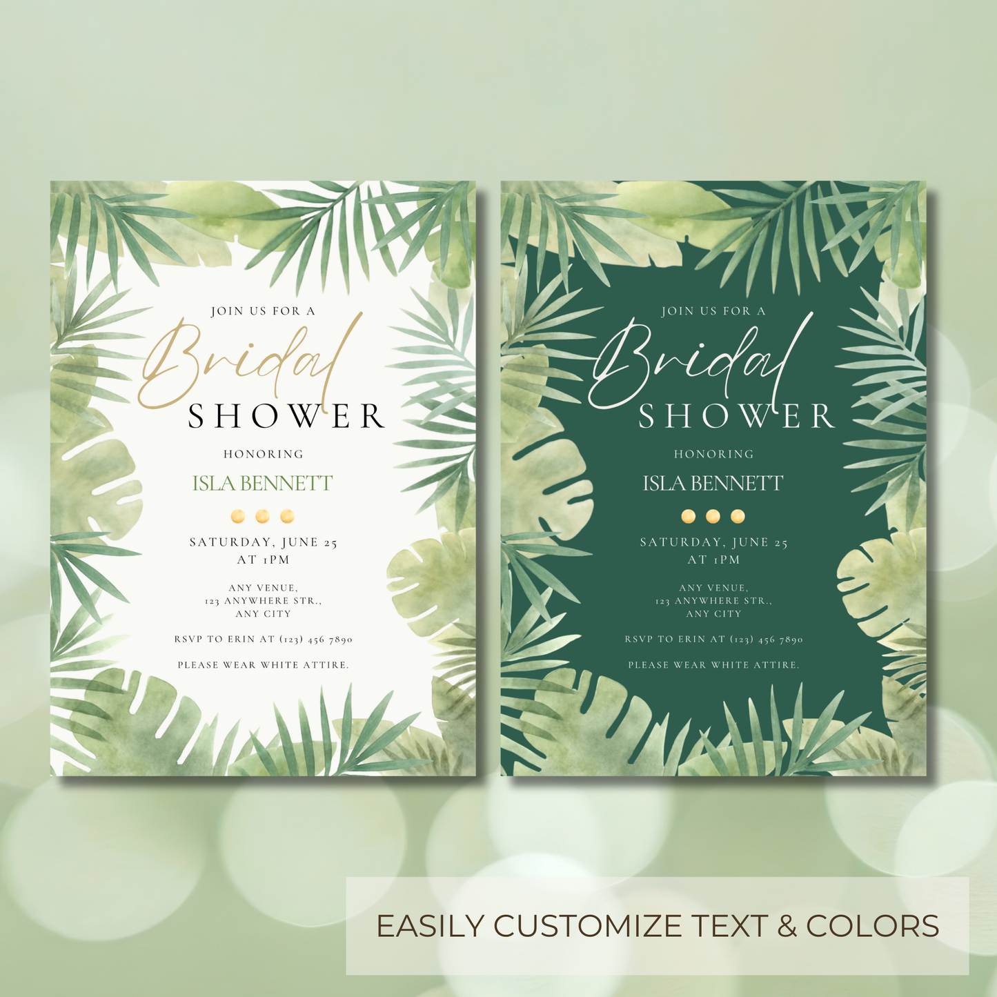 Tropical Bridal Shower Invitation | White Gold Greenery Invitation | Editable Canva Template