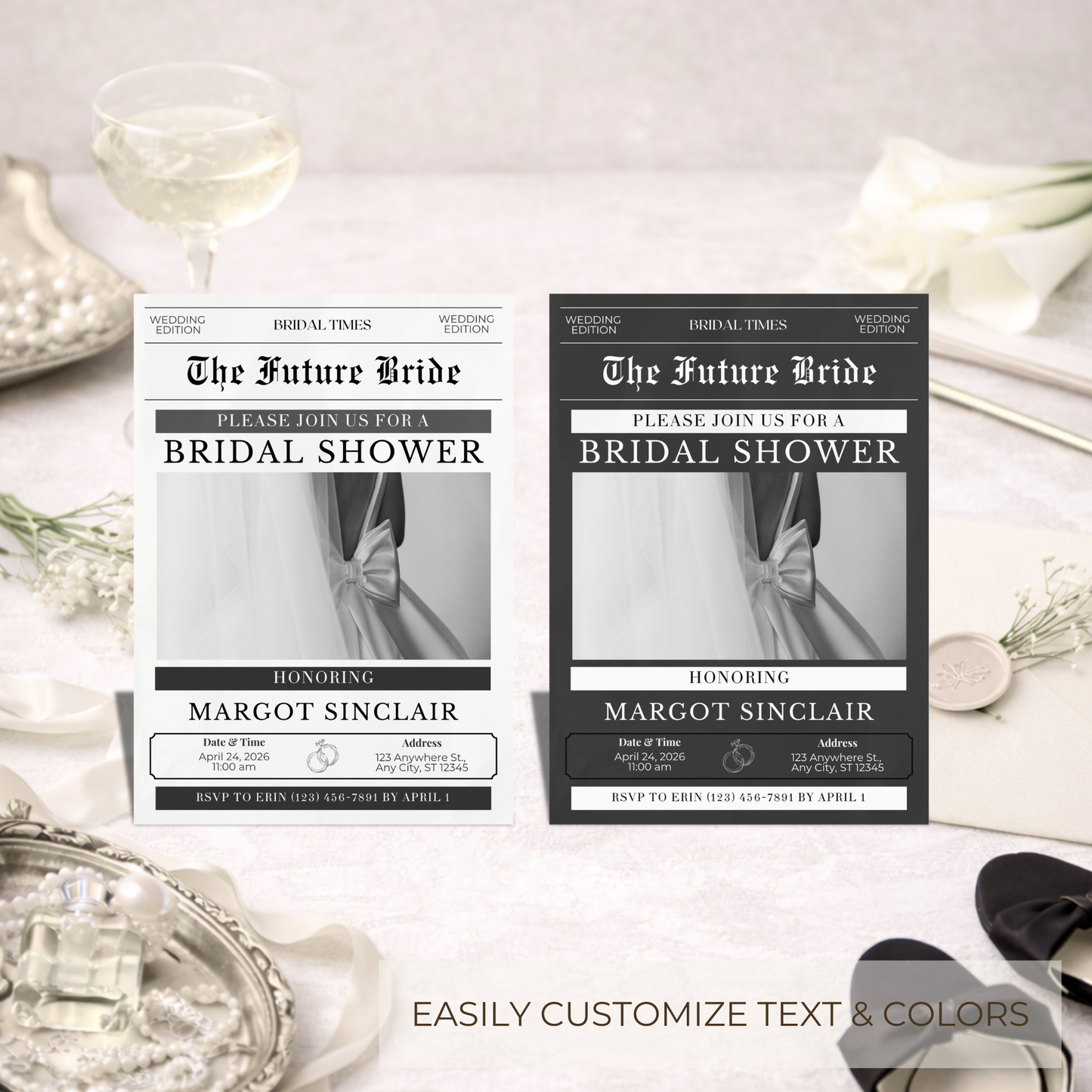 Editorial Bridal Shower Invitation | Newspaper Style | Editable Canva Template