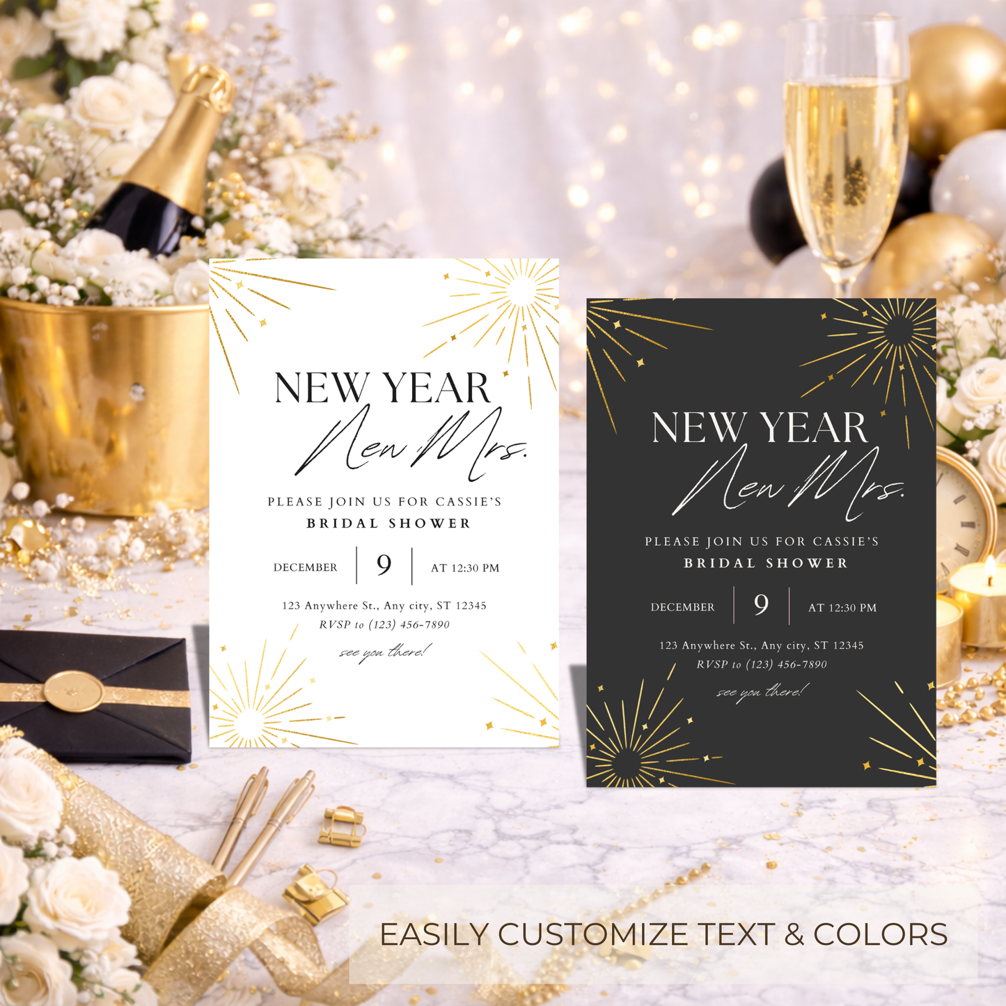 New Year, New Mrs. Bridal Shower Invitation | Editable Canva Template | Black White Gold