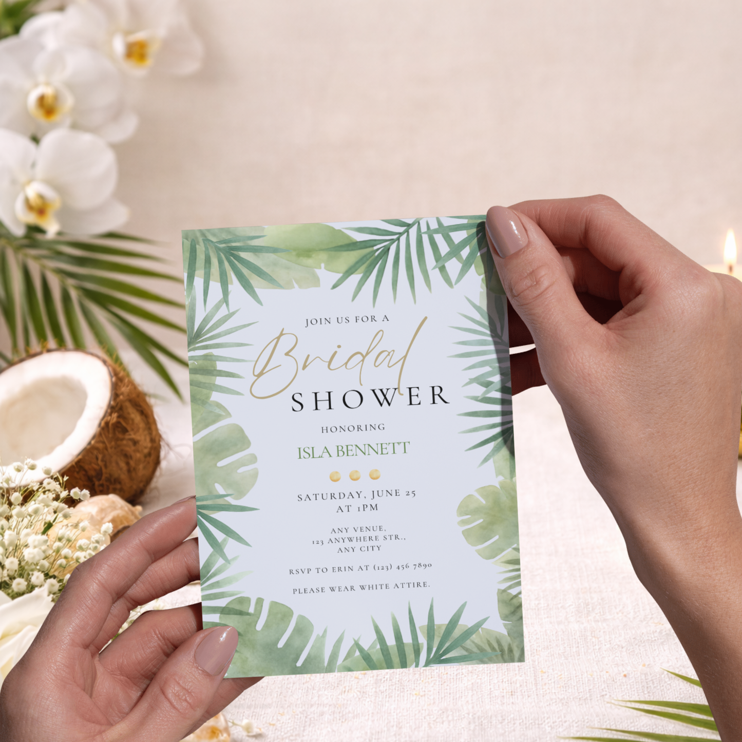 Tropical Bridal Shower Invitation | White Gold Greenery Invitation | Editable Canva Template