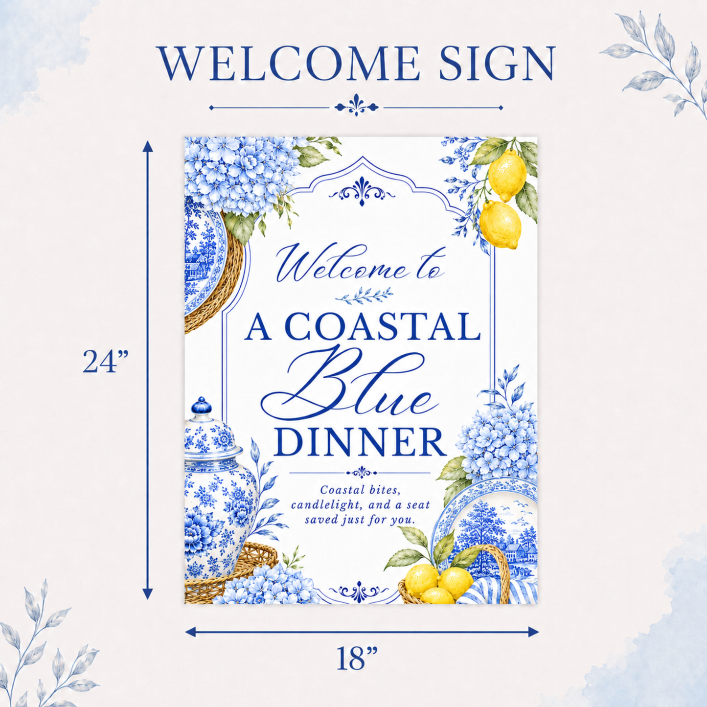 Coastal Blue Party Welcome Sign | Amalfi Inspired Blue and White Welcome Sign