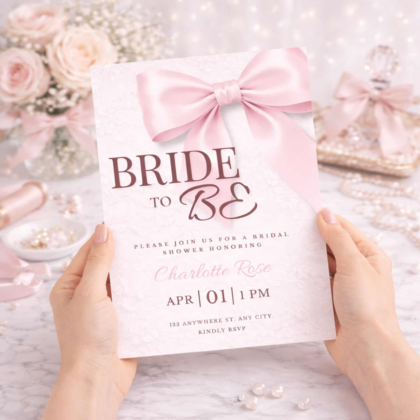 Bride to Be Coquette Pink Bow Bridal Shower Invitation | Editable Canva Template