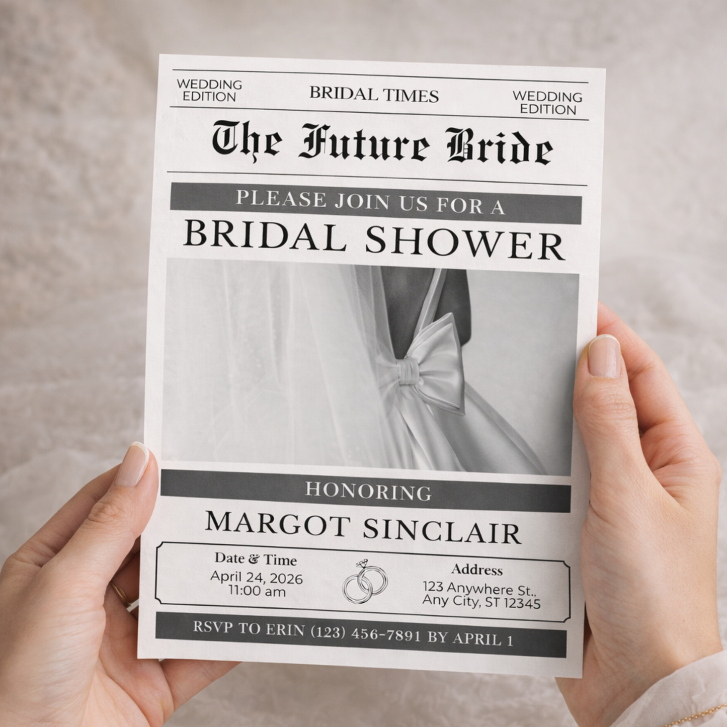 Editorial Bridal Shower Invitation | Newspaper Style | Editable Canva Template