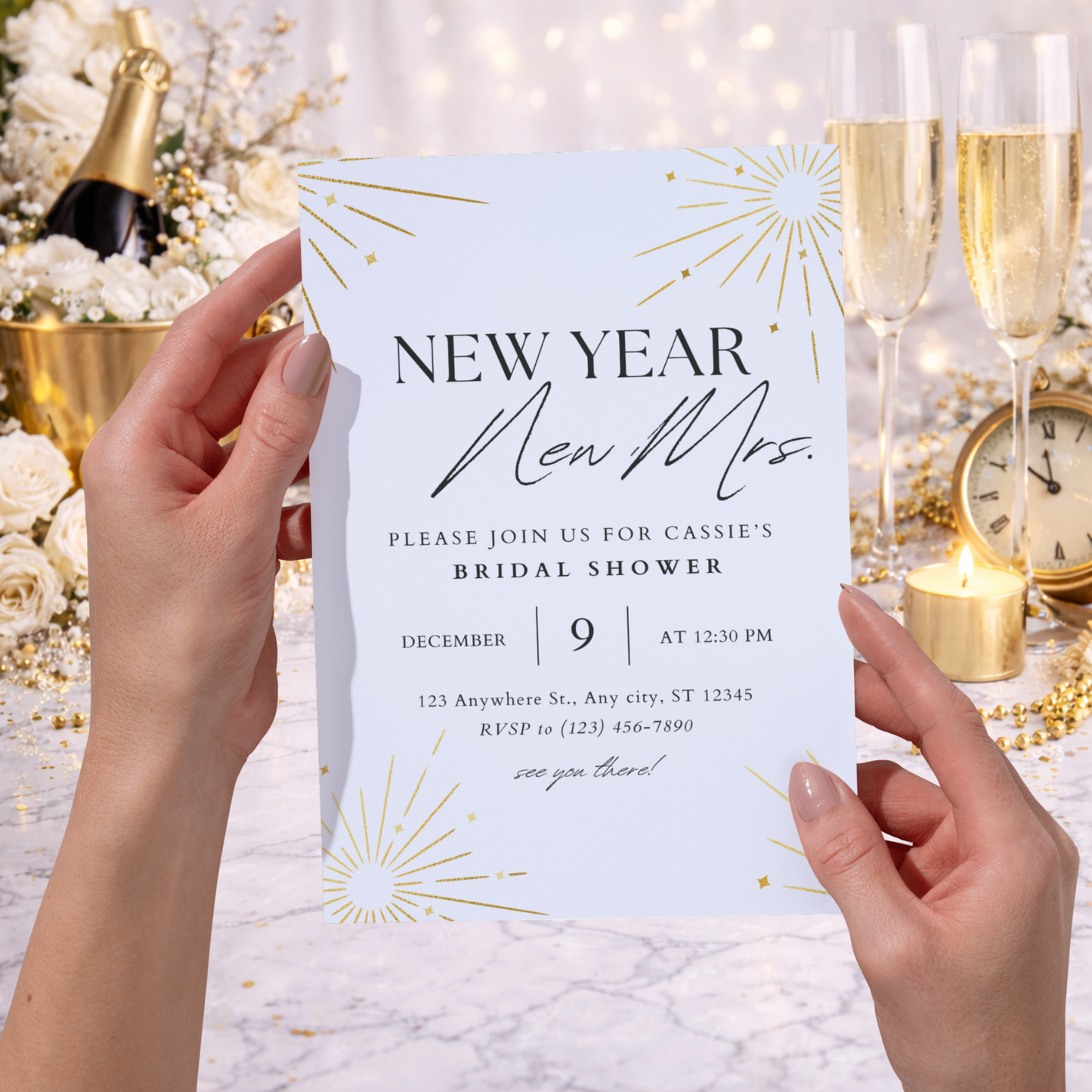 New Year, New Mrs. Bridal Shower Invitation | Editable Canva Template | Black White Gold