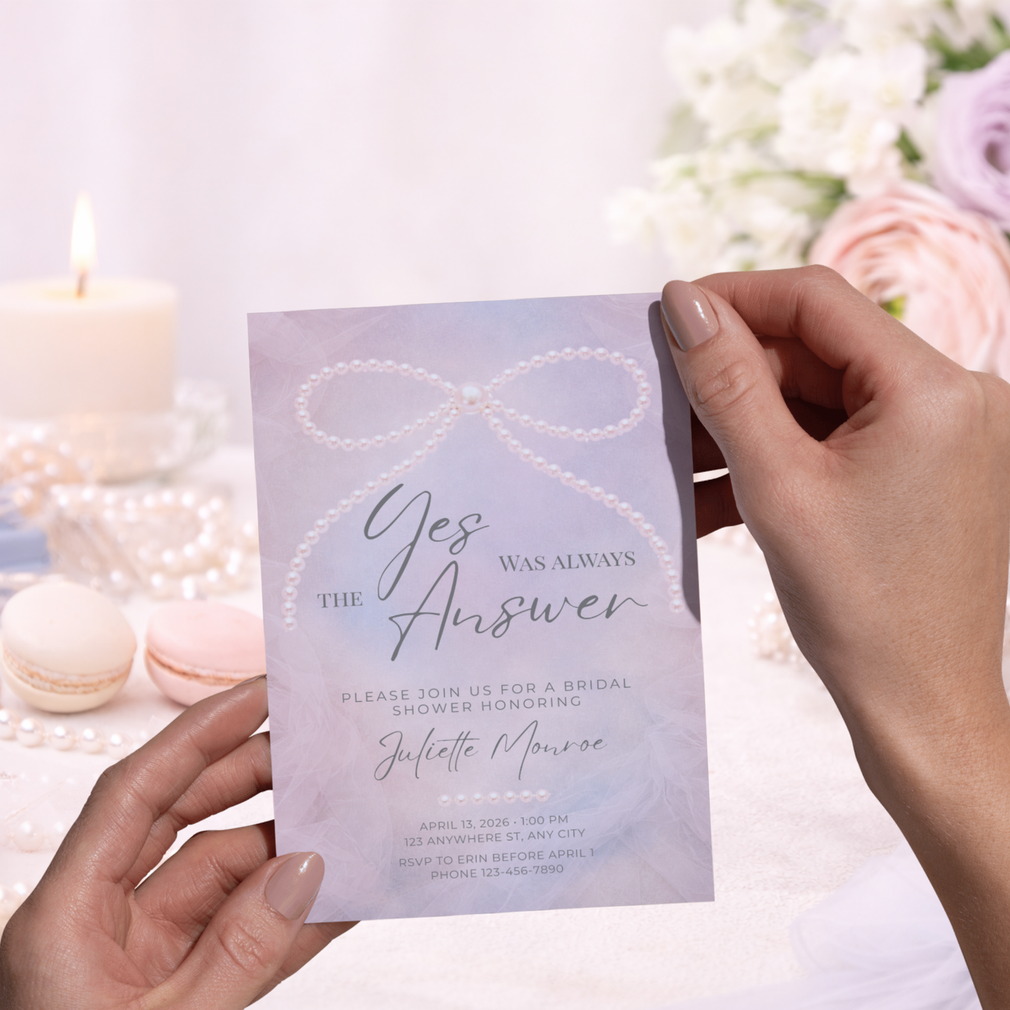 Yes Was Always the Answer Digital Invitation | Pearl Bow Bridal Shower Invitation | Editable Canva Template