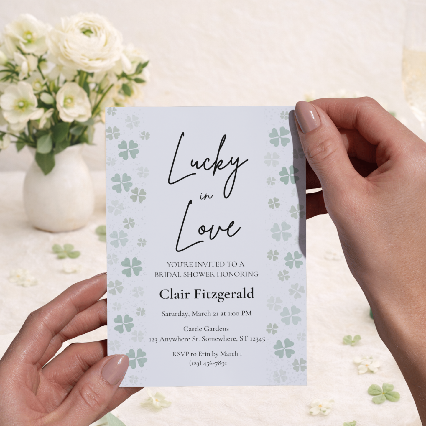 Elegant St. Patrick’s Day Bridal Shower Invite | Editable Canva Template