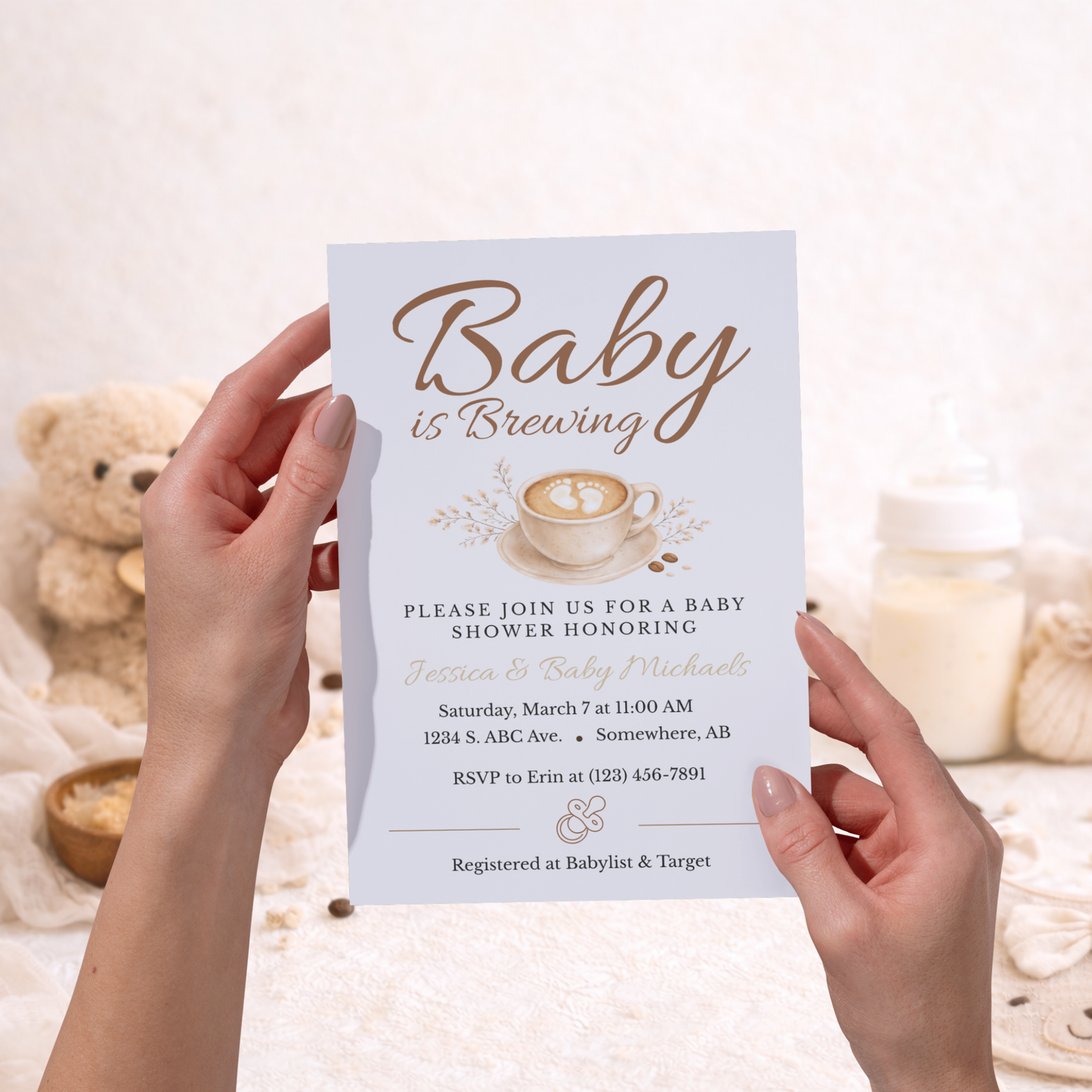 Baby is Brewing Coffee Themed Baby Shower Invitation | Editable Canva Download