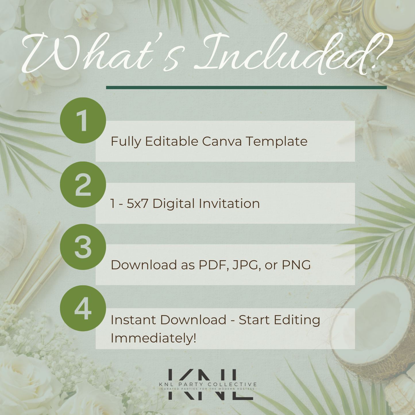 Tropical Bridal Shower Invitation | White Gold Greenery Invitation | Editable Canva Template