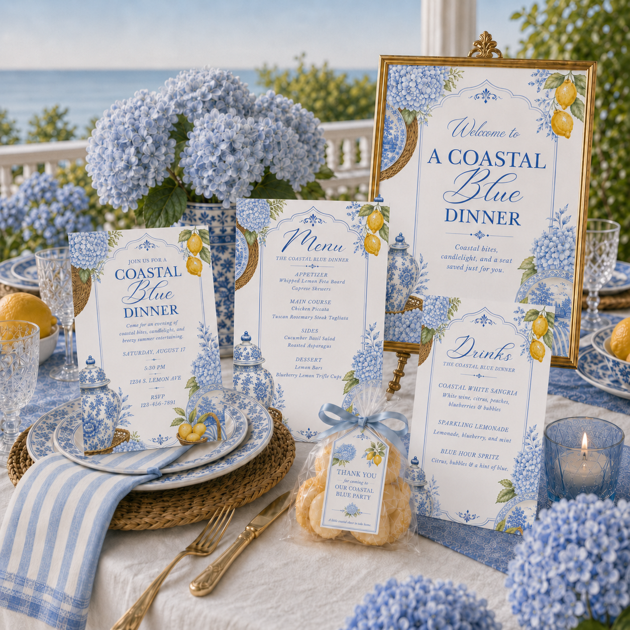 Coastal Blue Party Welcome Sign | Amalfi Inspired Blue and White Welcome Sign