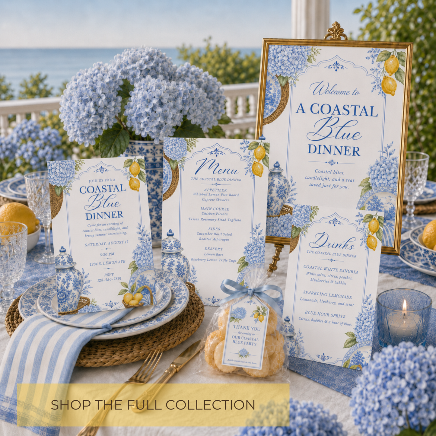 Coastal Blue Dinner Invitation | Amalfi Inspired Blue and White Dinner Party Invite