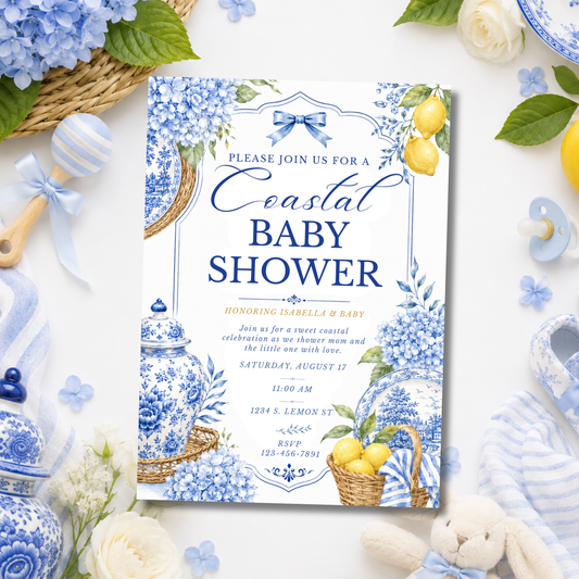 Coastal Blue Baby Shower Invitation Template | Amalfi Inspired Blue and White Baby Invite