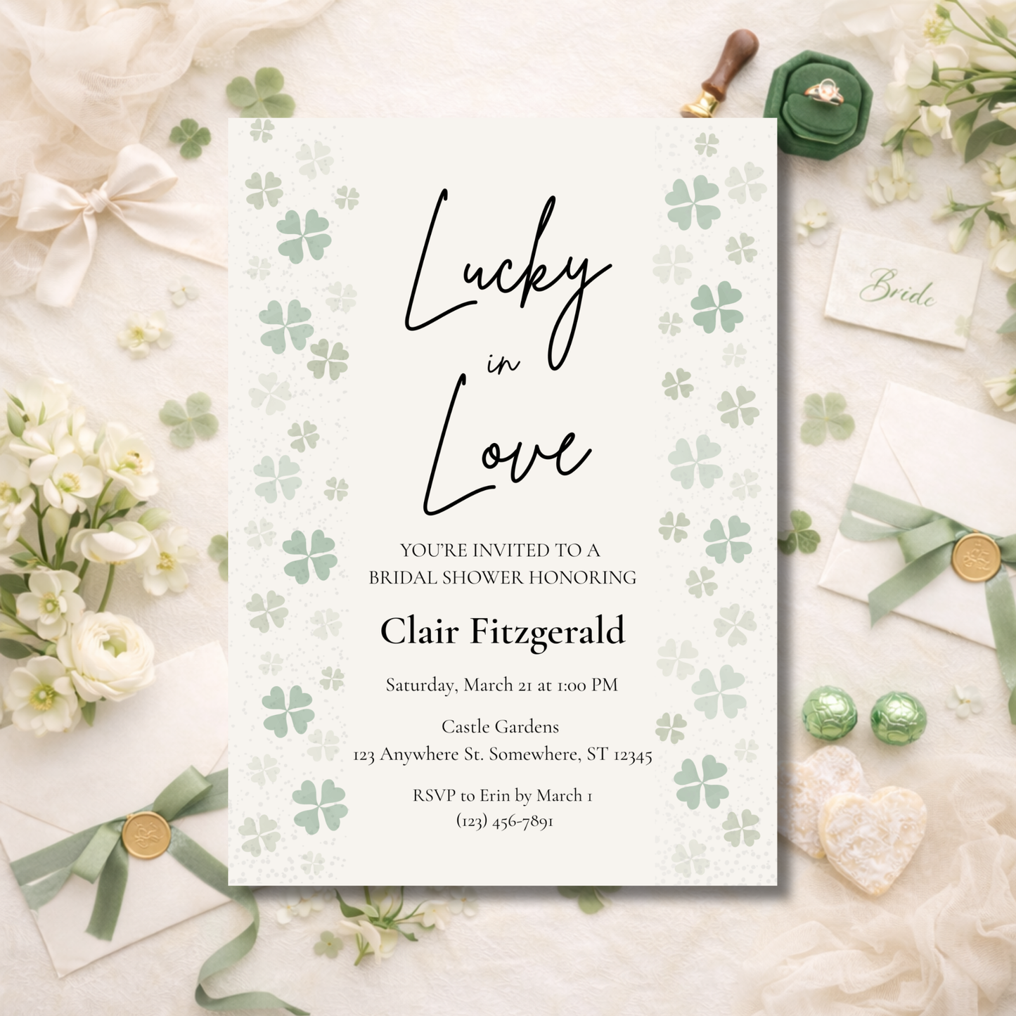 Elegant St. Patrick’s Day Bridal Shower Invite | Editable Canva Template